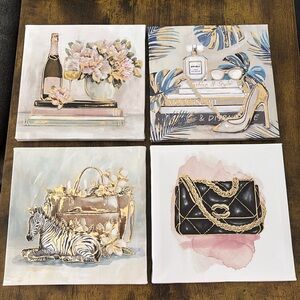 Set of 4 Elegant Art Prints Gold and Black Accents